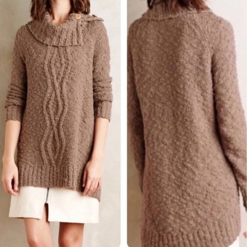 Moth Anthropologie Sweater S Brown Cowl Neck Button Cable Knit Boho Autumn Cozy
